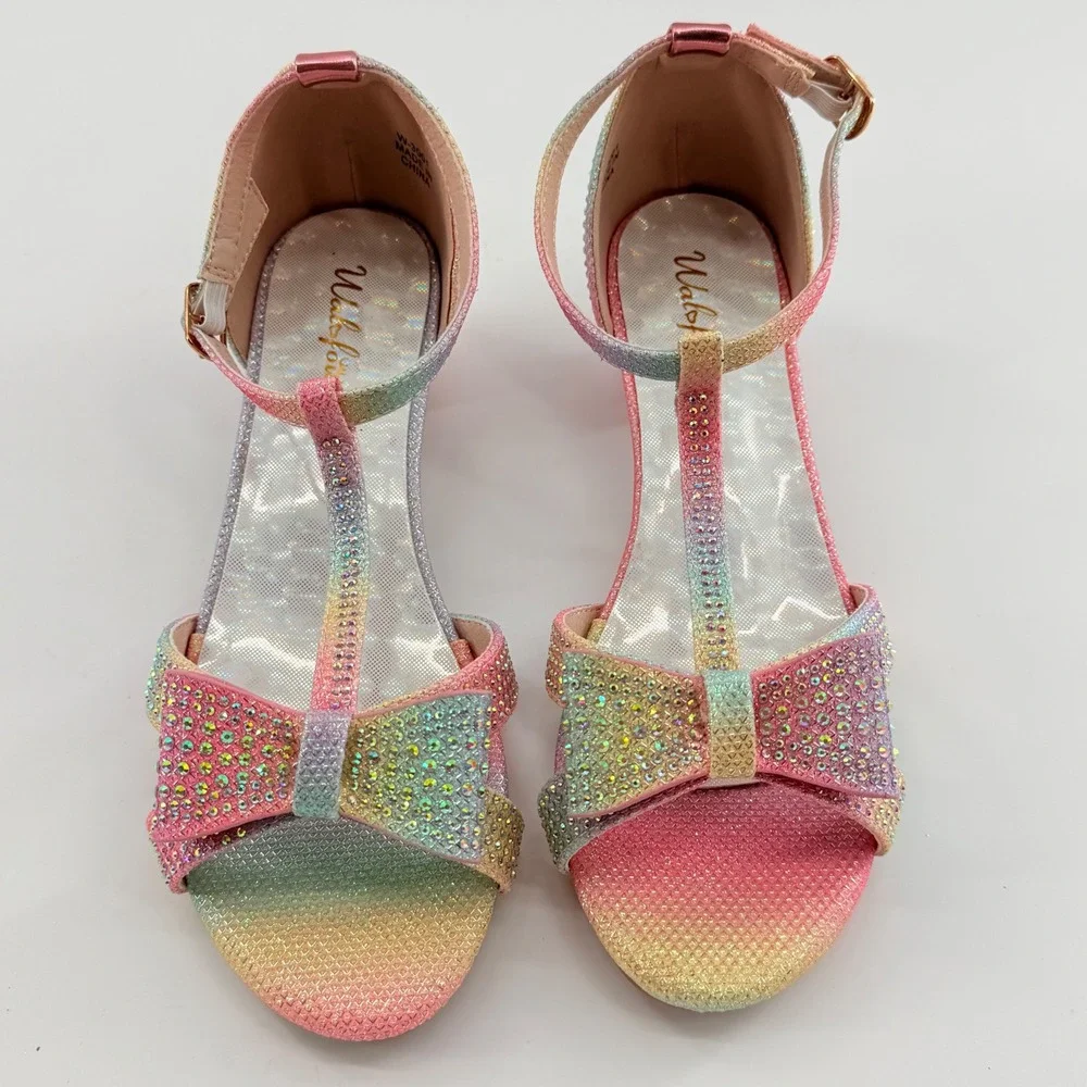 Girls 6 T-Strap Dress Sandals Pastel‎ Rainbow Ombre Rhinestone Bow Kitten Heel